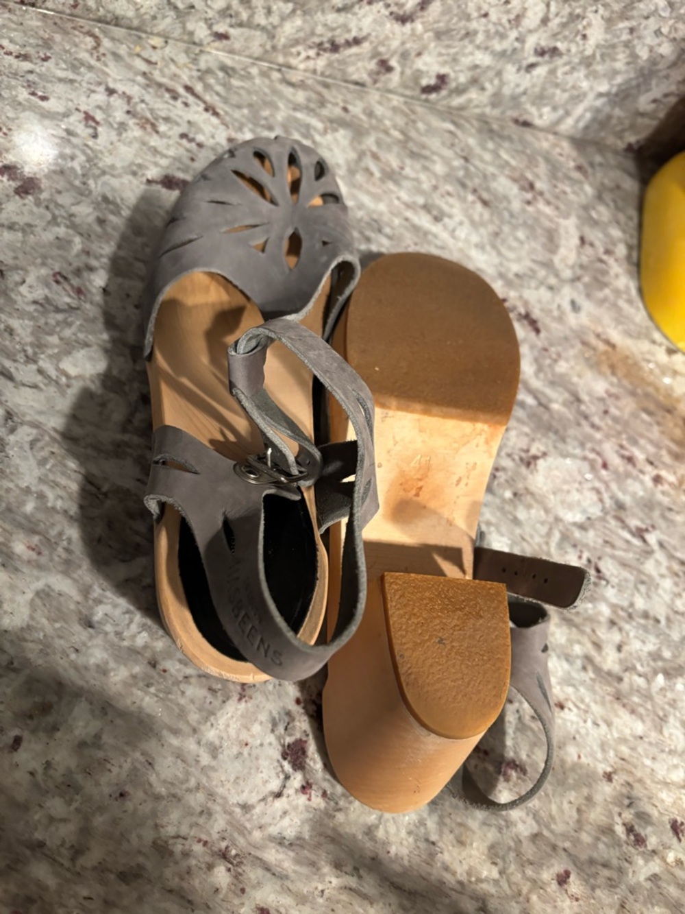 Swedish Hasbeens Grey Suede Cutout Ankle-Strap Clogs - Picture 7 of 11